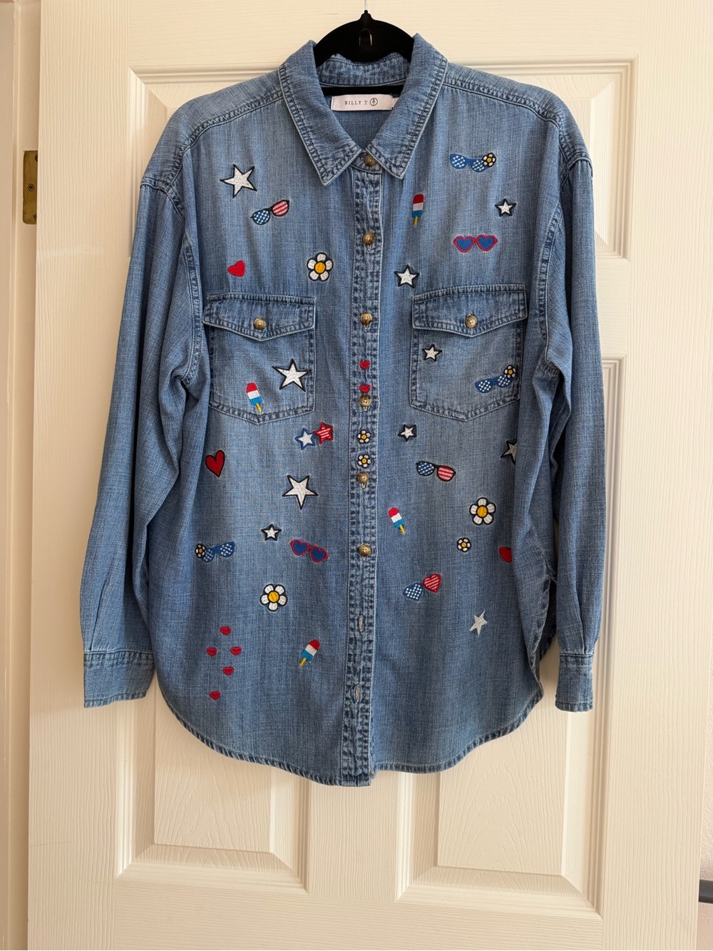 Women’s Rails Light Blue Embroidered Denim Shirt with Fun Patches